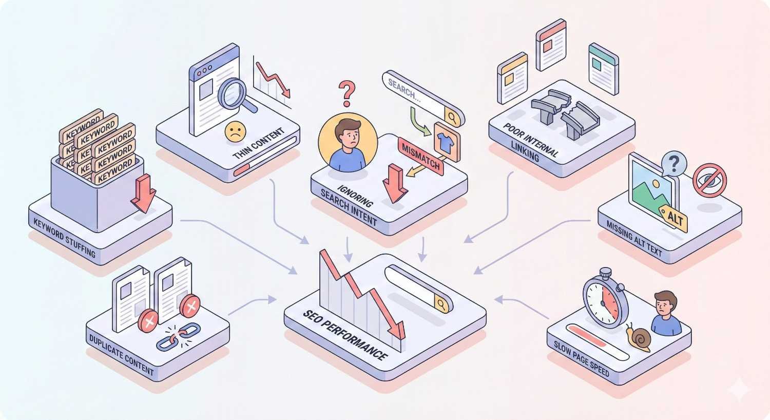 Infographic showing common SEO mistakes—keyword stuffing, thin or duplicate content, ignored search intent, poor internal linking, missing alt text, and slow page speed—leading to declining SEO performance, illustrated with warning icons, arrows, charts, and search bars.