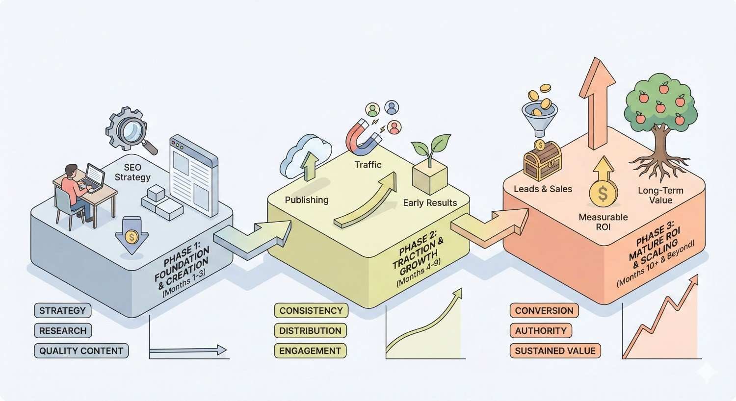 Infographic showing three phases of content ROI: foundation and creation with SEO strategy, traction and growth through publishing and traffic, and mature ROI with leads, sales, and long-term value, connected by rising arrows, charts, and labeled milestones.