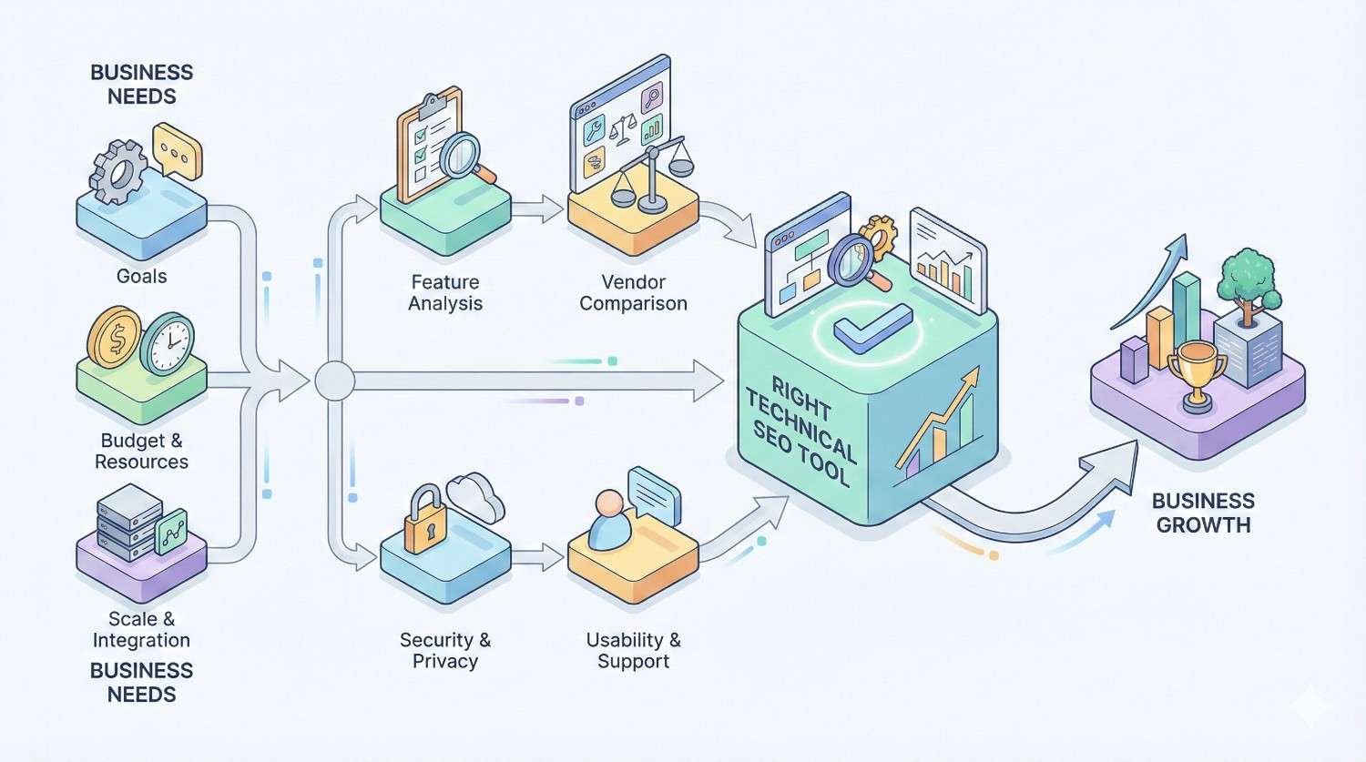 Illustration showing how business needs like goals, budget, scale, security, and usability guide feature analysis and vendor comparison to select the right technical SEO tool, resulting in improved performance, informed decisions, and long-term business growth.