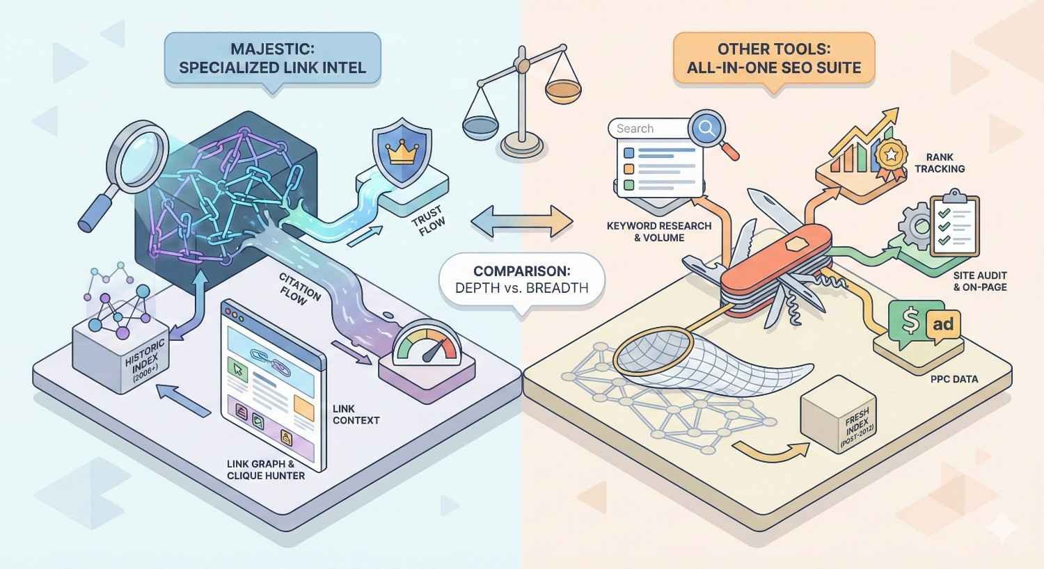 A split infographic compares Majestic’s specialized link intelligence—trust flow, citation flow, link graphs, and context—against all-in-one SEO tools offering keyword research, rank tracking, audits, PPC data, highlighting depth versus breadth in backlink analysis.