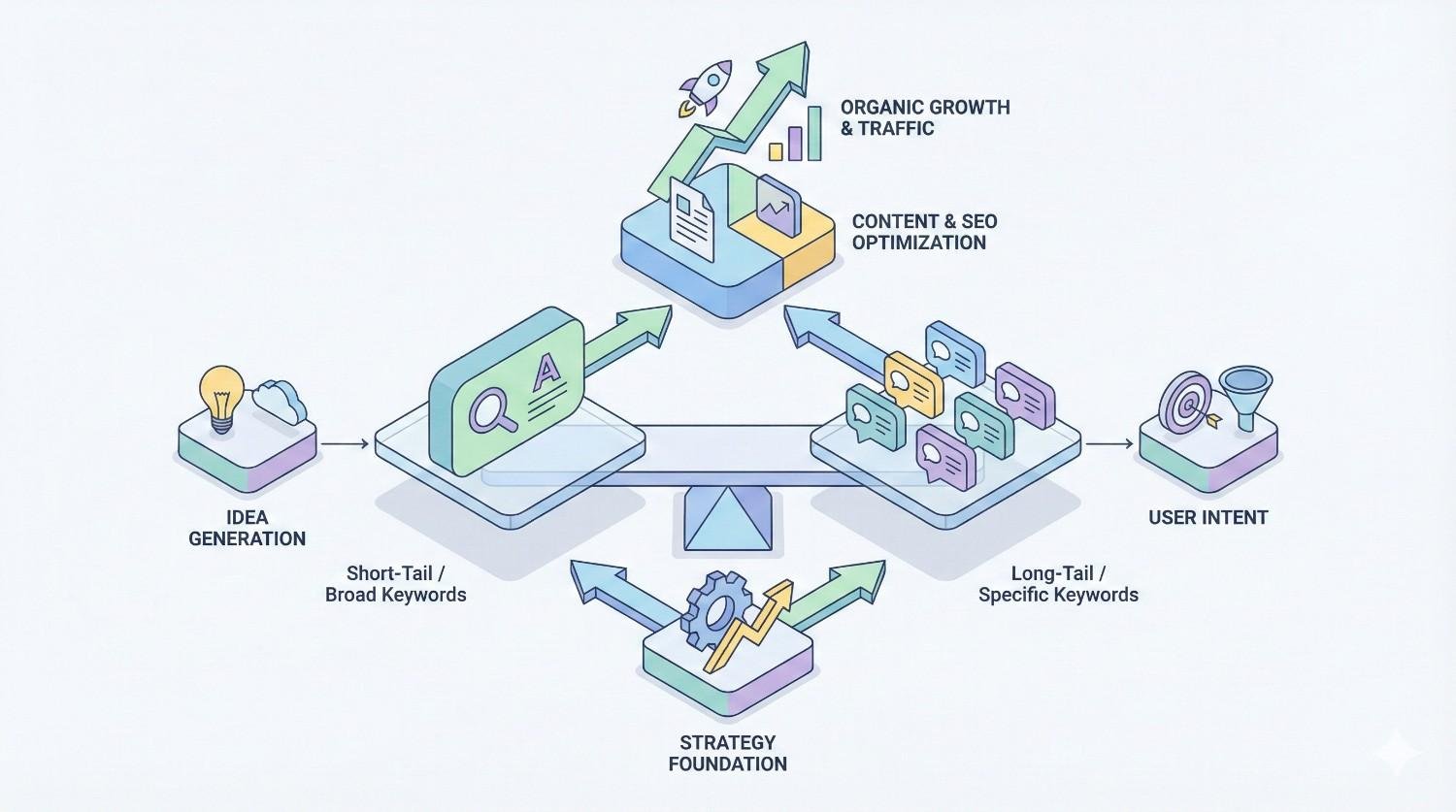 An isometric SEO workflow illustration showing idea generation flowing into short-tail and long-tail keywords balanced by a strategy foundation. Content and SEO optimization connect keywords to user intent, resulting in organic growth and increased traffic represented by upward charts and arrows.
