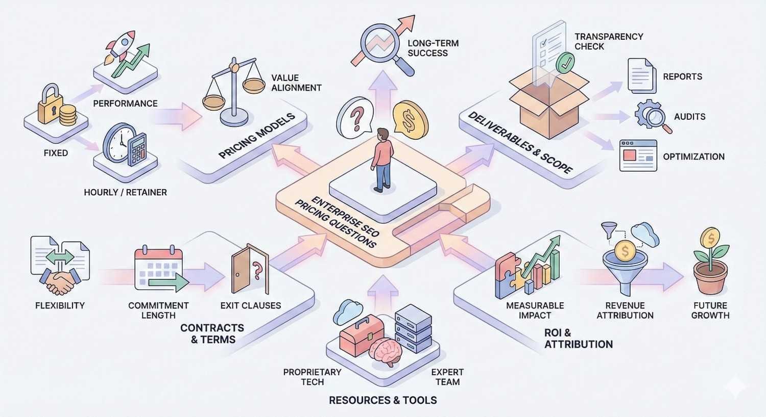 Illustration mapping key enterprise SEO pricing questions, covering pricing models, contracts, deliverables, resources, transparency, ROI attribution, and measurable impact, helping businesses evaluate value alignment, long-term success, and future growth when selecting enterprise SEO services.