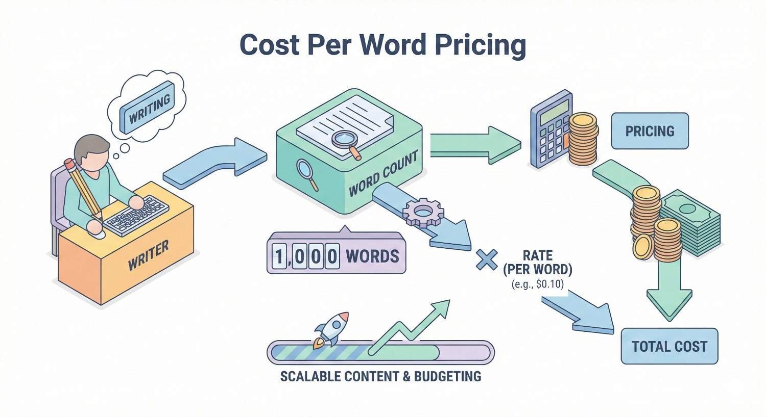 Infographic titled “Cost Per Word Pricing” showing a writer producing text, word count measured at 1,000 words, multiplied by a per-word rate to calculate pricing and total cost, with arrows highlighting scalable content and budgeting benefits.