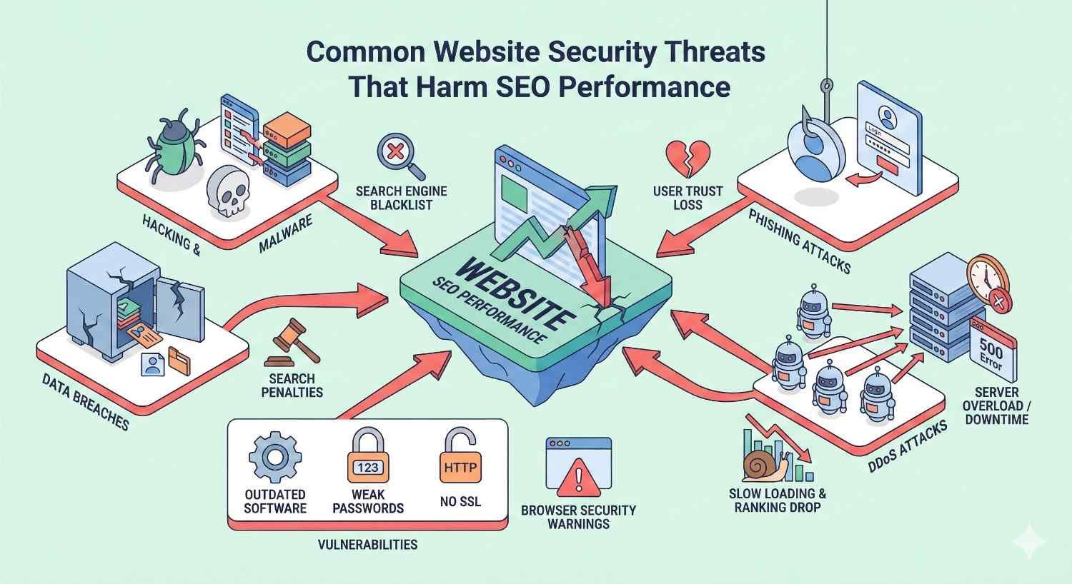 Infographic titled “Common Website Security Threats That Harm SEO Performance” showing hacking, malware, data breaches, phishing, DDoS attacks, server downtime, weak passwords, outdated software, and no SSL. Arrows point to declining SEO performance, search penalties, blacklisting, user trust loss, browser warnings, and slow loading.