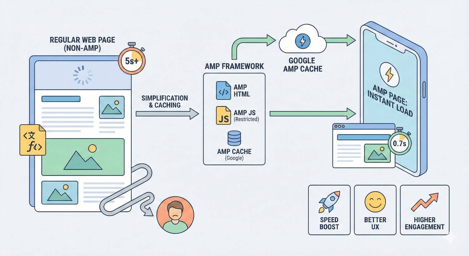 Infographic comparing a regular non-AMP web page loading in 5+ seconds with an AMP framework version using AMP HTML, restricted JS, and Google AMP Cache. It shows instant AMP page load in 0.7 seconds, resulting in speed boost, better user experience, and higher engagement.