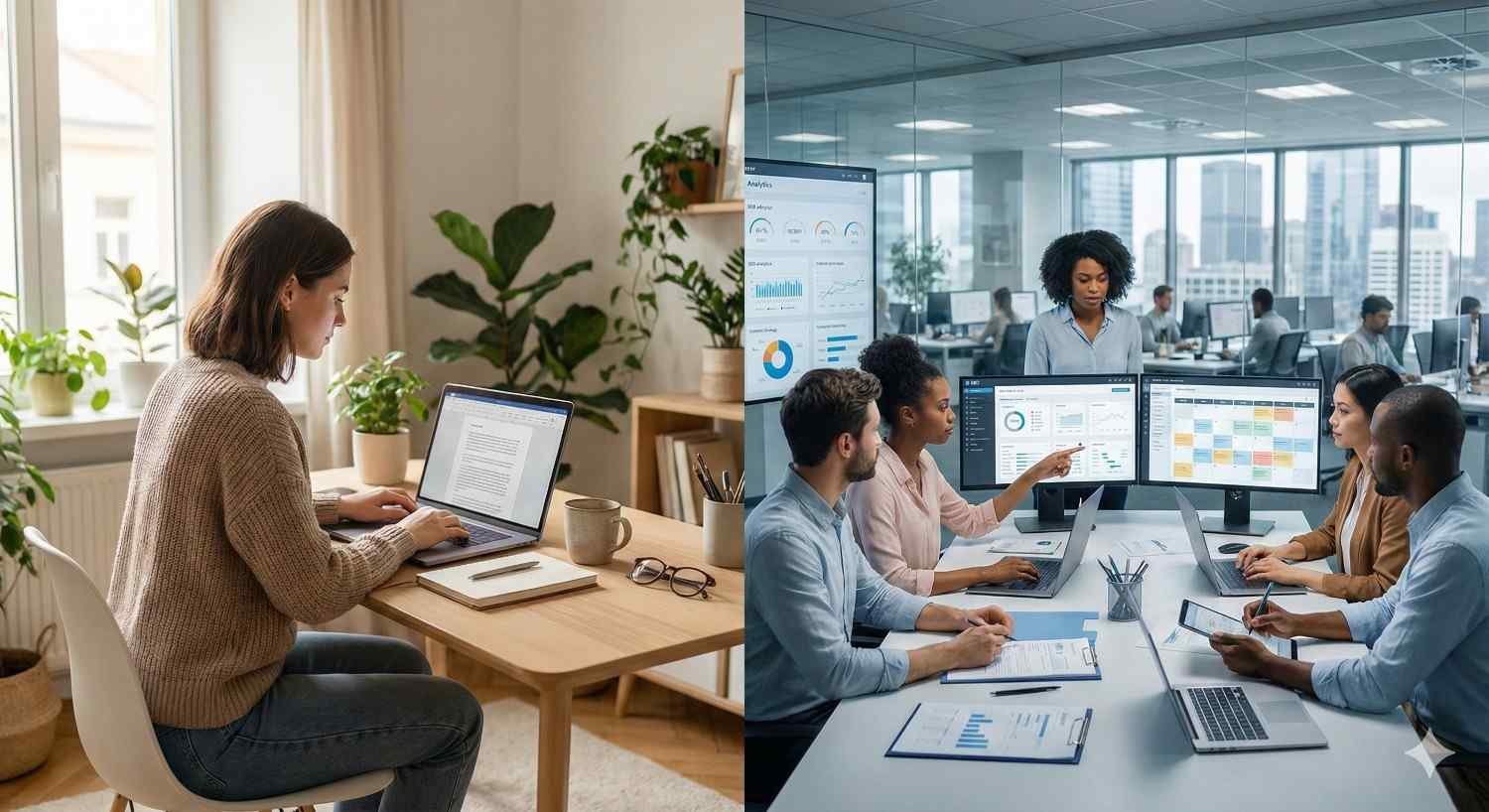 Split image showing a woman working alone on a laptop at a home desk with plants and notebooks on the left, and a diverse team collaborating in a modern office on the right, reviewing dashboards and charts on large monitors during a meeting.