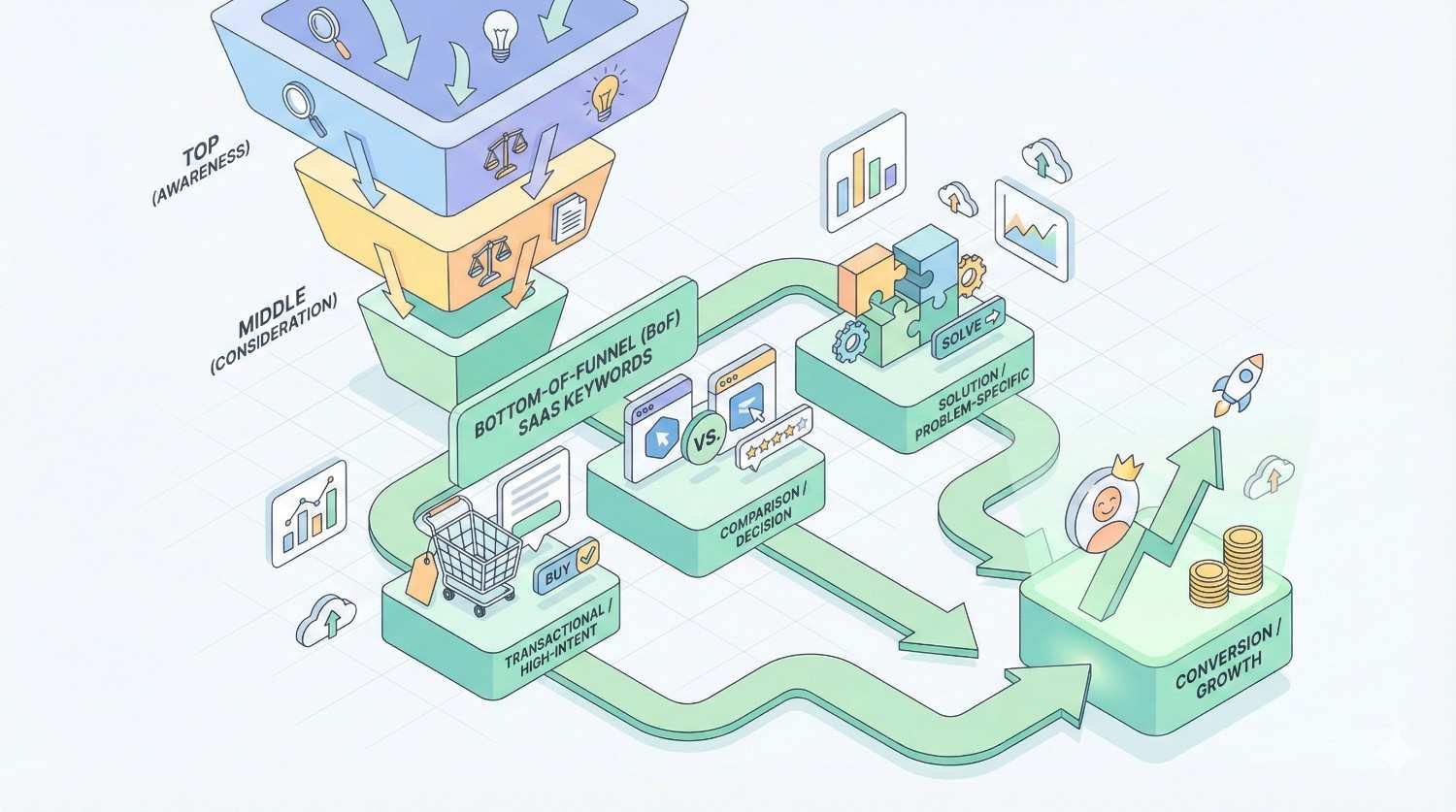 Isometric illustration of a SaaS marketing funnel showing top, middle, and bottom stages. It highlights awareness, consideration, BOFU SaaS keywords, comparison and decision steps, transactional intent, solution-specific paths, and a flowing process leading to conversion and business growth.