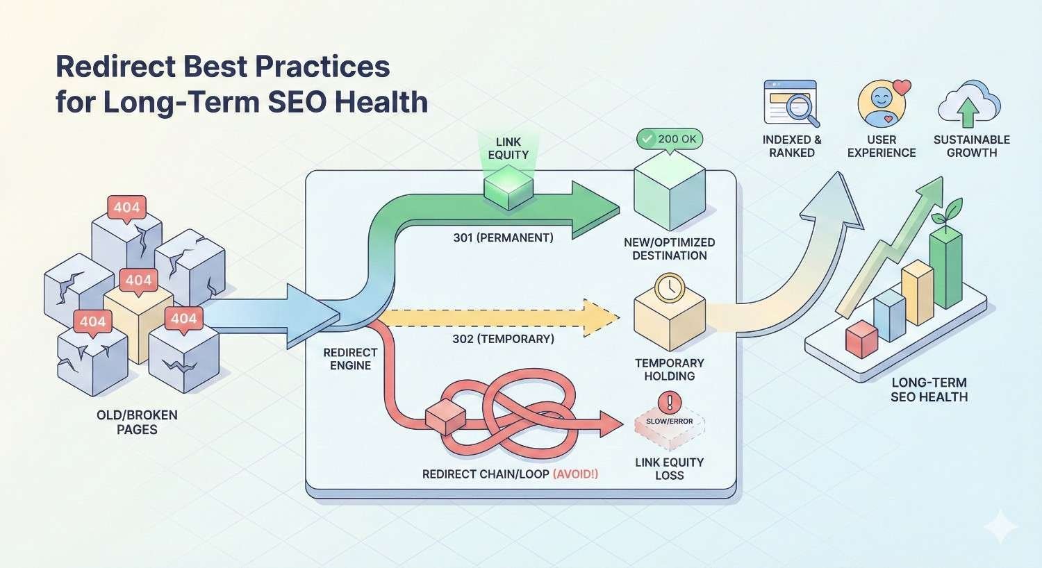 Infographic on redirect best practices for long-term SEO health. Shows 404 broken pages routed through a redirect engine using 301 permanent redirects to optimized destinations, preserving link equity. Warns against 302 temporary redirects and redirect chains/loops causing slow errors and link equity loss, leading to improved rankings and sustainable growth.