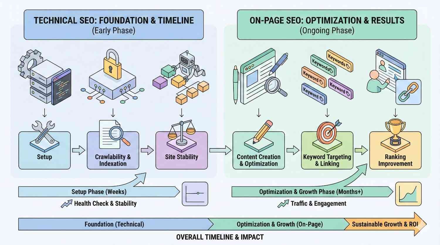 Isometric timeline illustration comparing technical SEO and on-page SEO, showing early technical setup, crawlability, indexing, and site stability, followed by ongoing content optimization, keyword targeting, linking, and ranking improvements, leading to sustained growth, higher traffic, engagement, and long-term SEO ROI.