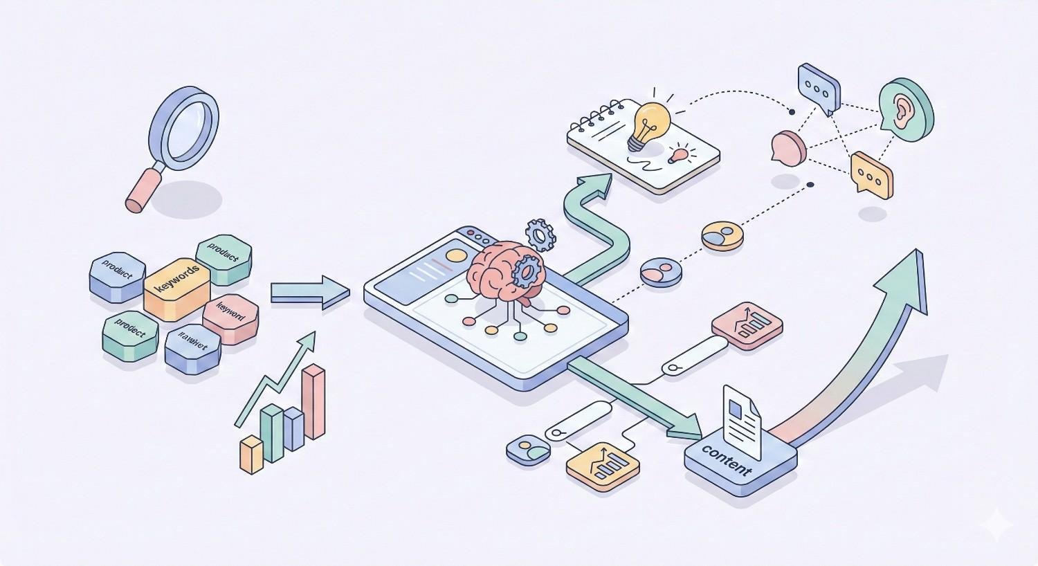 An illustrated AI content workflow shows keyword analysis and charts feeding into a brain-powered platform that generates ideas, processes feedback, and produces finished content, with arrows and icons for growth, messages, and performance metrics flowing outward.