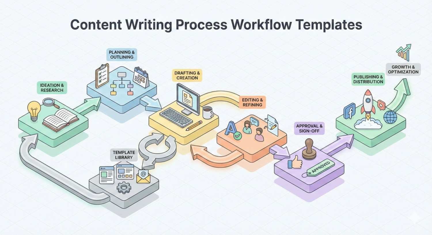 Infographic titled “Content Writing Process Workflow Templates” showing steps from ideation and research to planning, drafting, editing, approval, publishing, and growth optimization, with icons for template libraries, feedback loops, collaboration, social distribution, and performance improvement.