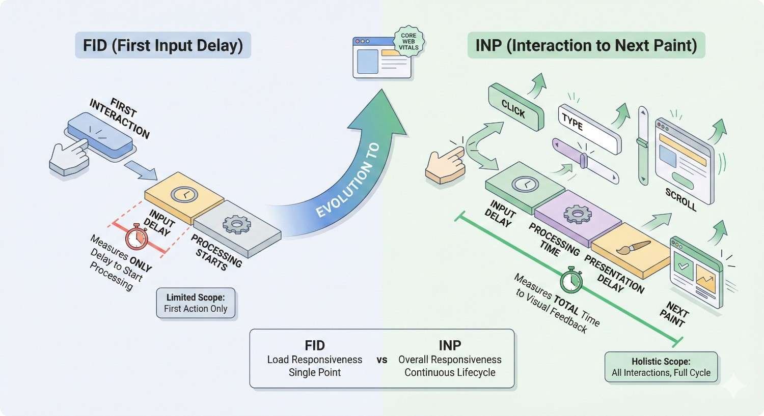 Comparison diagram showing the evolution from FID to INP Core Web Vitals, where FID measures delay of the first interaction only, while INP evaluates overall responsiveness across clicks, typing, and scrolling, including input, processing, and presentation delays for total user experience.