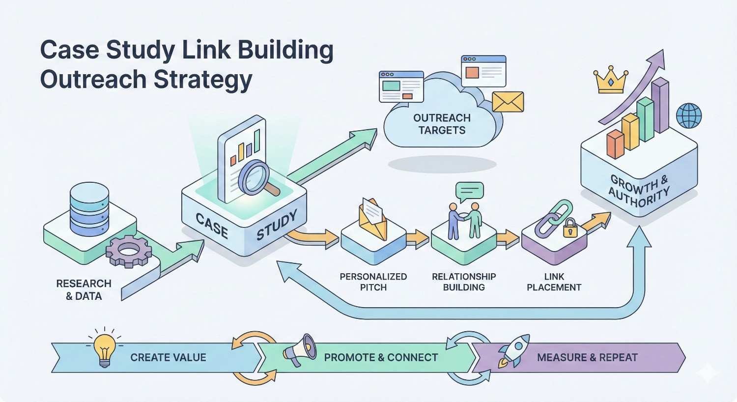 Infographic titled “Case Study Link Building Outreach Strategy” showing workflow from research and data to case study creation, outreach targets, personalized pitch, relationship building, link placement, and resulting growth and authority, with a cycle of create value, promote, measure, and repeat.
