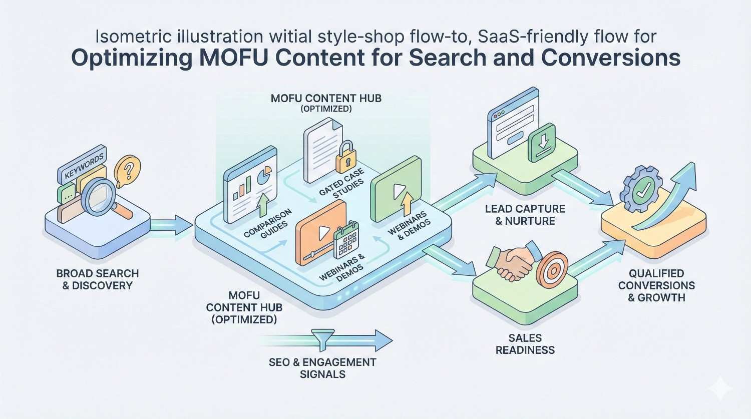 An isometric illustration showing optimized MOFU content for SaaS, flowing from broad search and keyword discovery into a content hub with comparison guides, gated case studies, and webinars, then progressing through lead capture and sales readiness to qualified conversions and growth driven by SEO and engagement signals.
