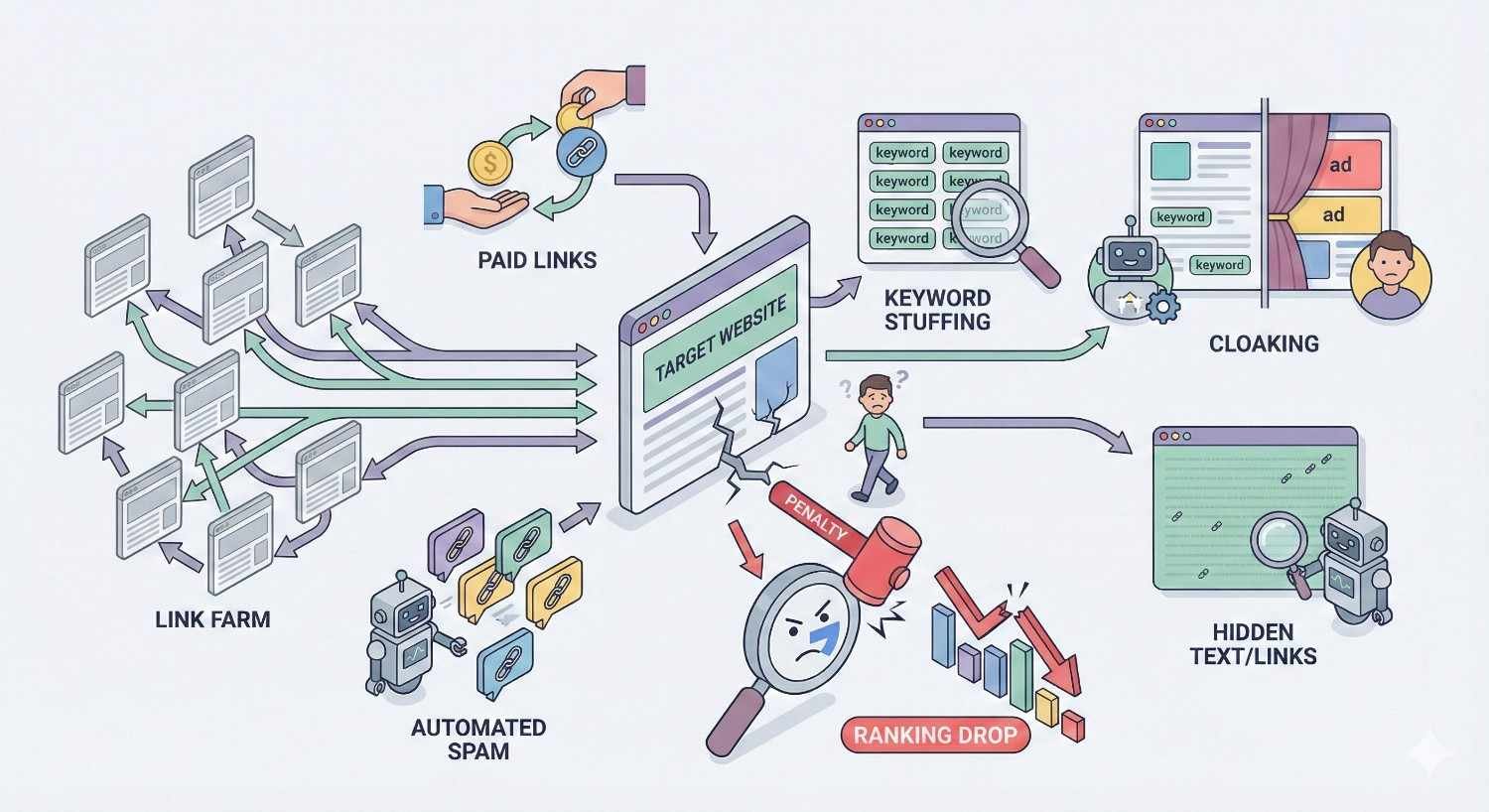 Infographic showing black hat SEO tactics targeting a website, including link farms, paid links, automated spam, keyword stuffing, cloaking, and hidden text. Arrows lead to penalties and ranking drops, illustrating the risks of manipulative link building practices.