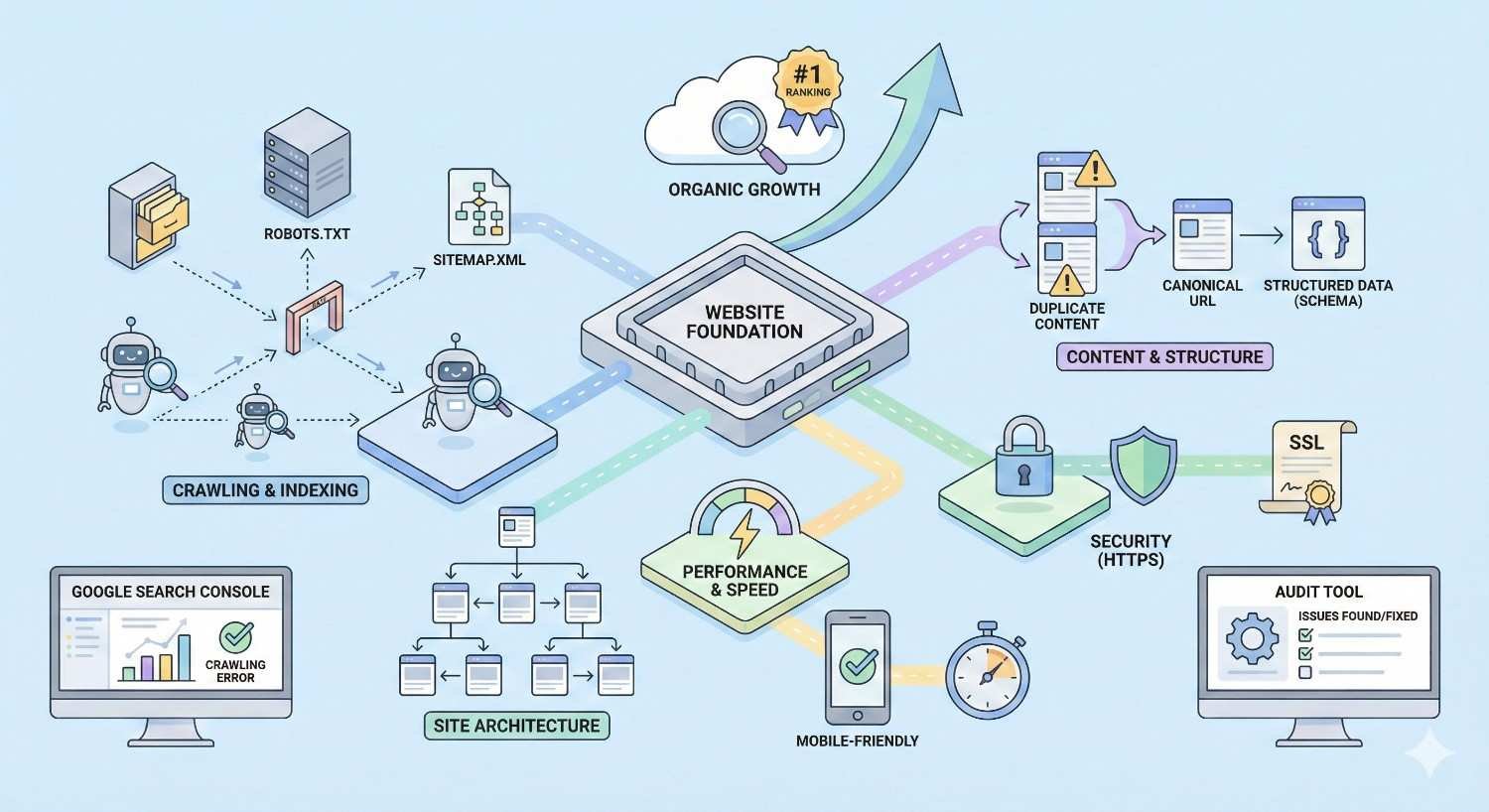 Isometric illustration of technical SEO foundations, showing crawling and indexing, robots.txt and XML sitemaps, site architecture, performance and speed, mobile friendliness, HTTPS security, content structure, and schema, all connected to website foundation and driving organic growth and higher search rankings.