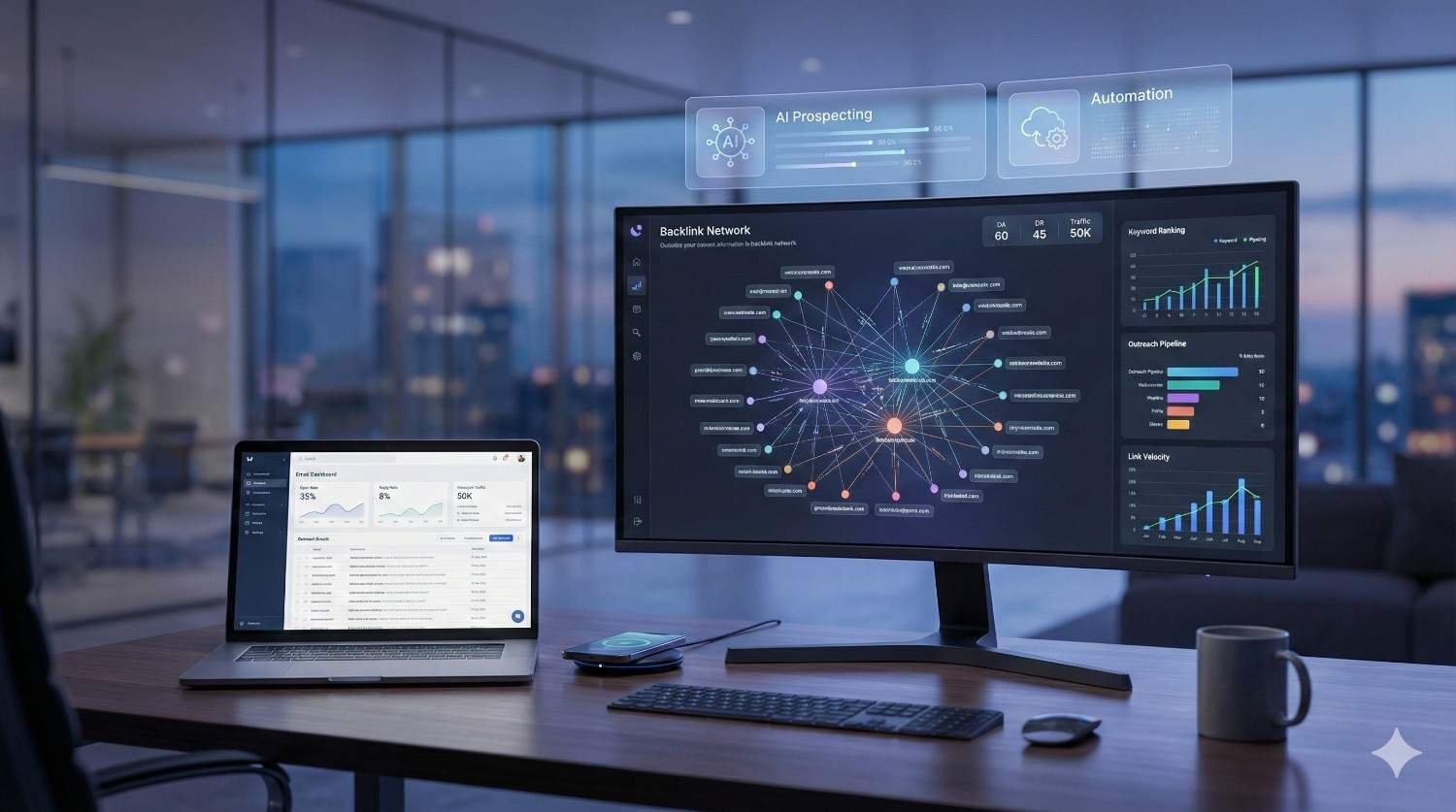 A modern office desk with a laptop and large monitor displaying AI-powered backlink network maps, SEO dashboards, keyword rankings, outreach pipelines, and automation panels, suggesting advanced digital marketing analytics and link-building software in a professional workspace at dusk.