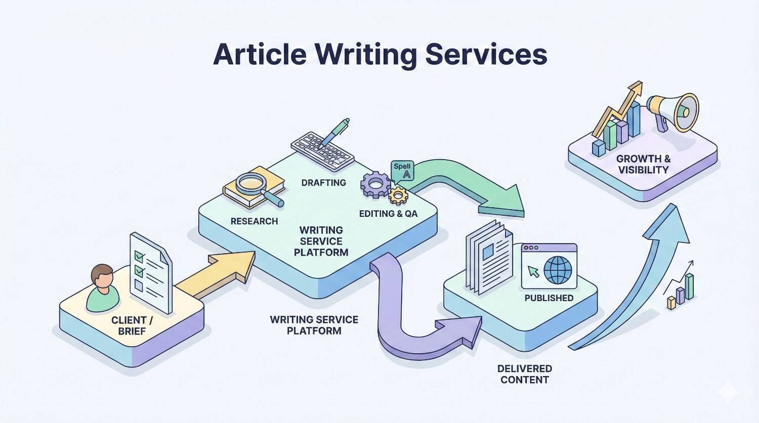 Illustration titled “Article Writing Services” showing a workflow from client brief to research, drafting, editing and QA on a writing platform, then delivered and published content leading to growth and visibility, connected by arrows and icons in a clean, isometric style.