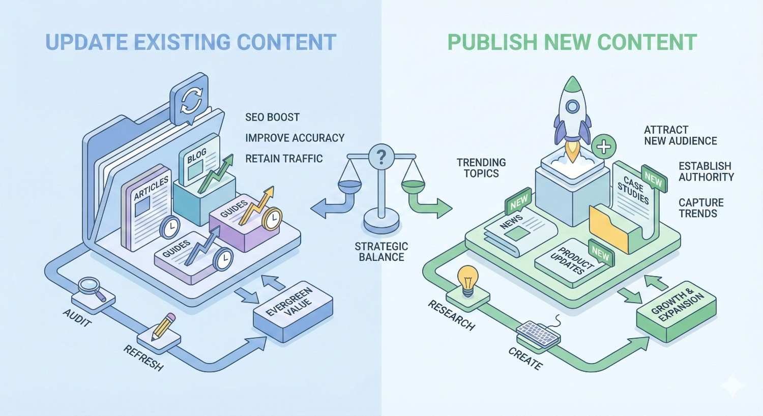 Split illustration comparing “Update Existing Content” and “Publish New Content,” showing audits, refreshes, and evergreen value on one side, and research, creation, trending topics, authority building, and growth on the other, connected by a balance scale labeled strategic balance.