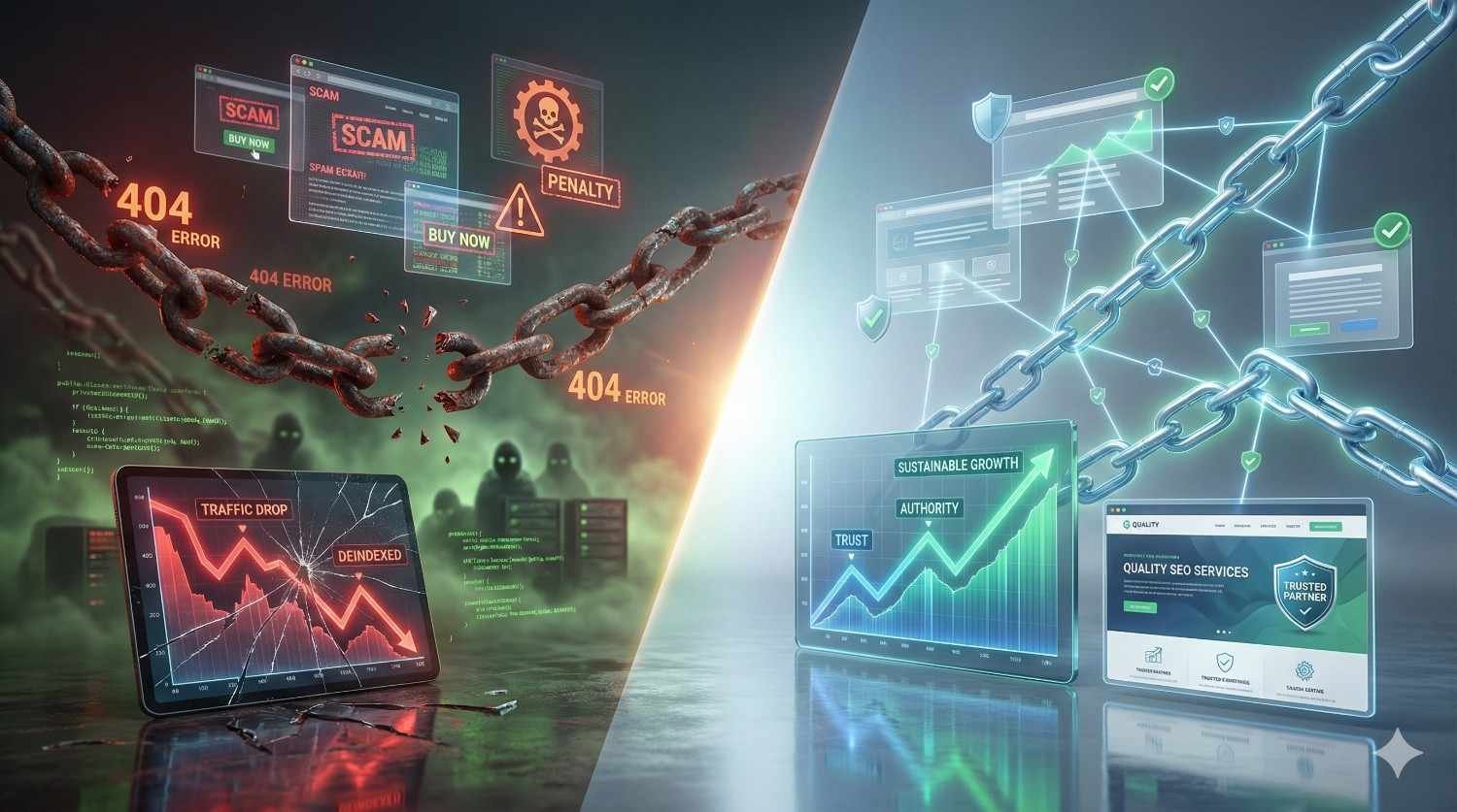 Split image contrasting bad vs. good SEO practices: left shows broken chains, 404 errors, scams, penalties, and traffic drop; right shows strong chains, trust badges, quality SEO services, rising authority, and sustainable growth charts, symbolizing the difference between risky tactics and ethical link building.