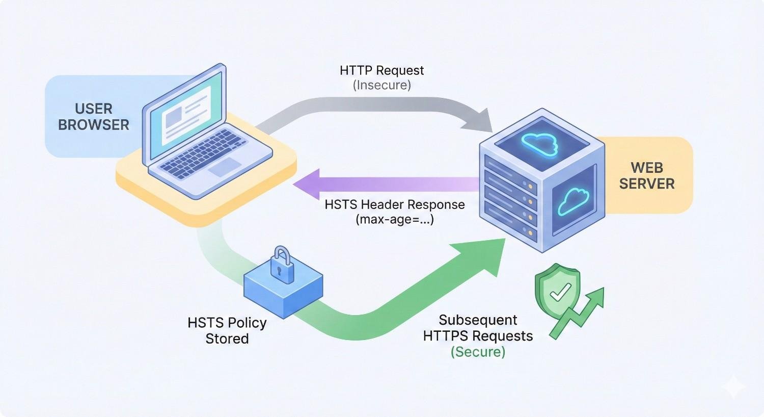 Diagram showing HSTS workflow: a user browser sends an insecure HTTP request to a web server, receives an HSTS header response, stores the policy, and automatically makes subsequent secure HTTPS requests, ensuring encrypted connections and improved website security.