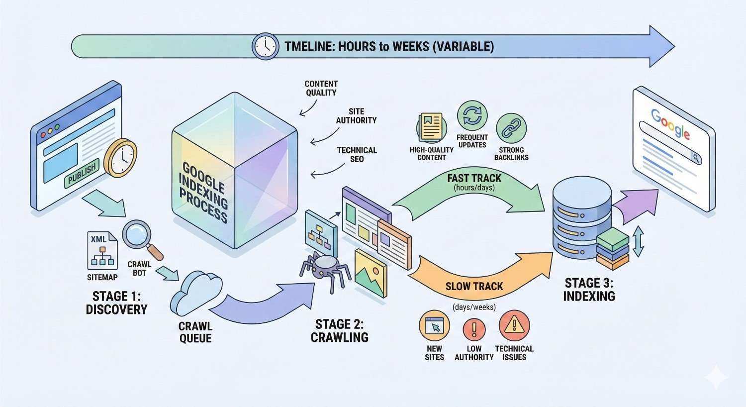 Diagram explaining Google’s indexing timeline, showing discovery via sitemaps, crawling, and indexing stages, with timelines from hours to weeks, influenced by content quality, site authority, technical SEO, updates, backlinks, and issues that can speed up or slow down indexing.