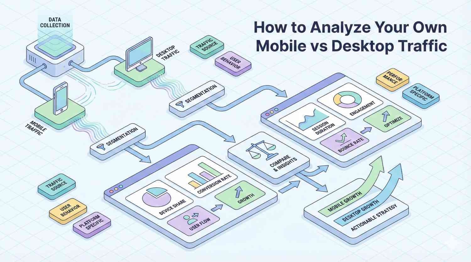 Infographic titled “How to Analyze Your Own Mobile vs Desktop Traffic.” It shows data collection from mobile and desktop, segmentation, and comparison dashboards with metrics like device share, conversion rate, engagement, bounce rate, and growth, leading to actionable strategy for mobile and desktop performance.