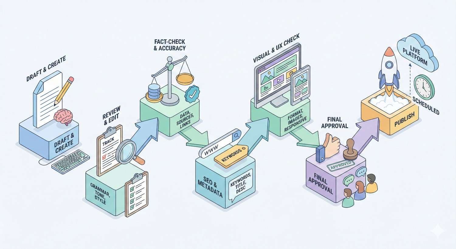 An illustrated publishing workflow shows draft creation, review and editing, fact-checking, SEO metadata, visual and UX checks, final approval, and scheduled publishing, with icons for grammar, data sources, keywords, responsive design, approval stamps, and a rocket launching to a live platform.
