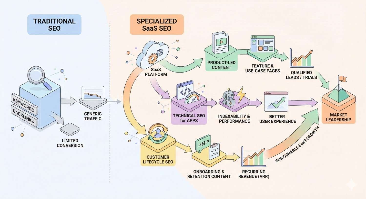 Comparison illustration of traditional SEO versus specialized SaaS SEO, showing traditional SEO driving generic traffic with limited conversion, while SaaS SEO focuses on product-led content, technical SEO, lifecycle optimization, user experience, retention, qualified leads, recurring revenue, and sustainable SaaS growth toward market leadership.