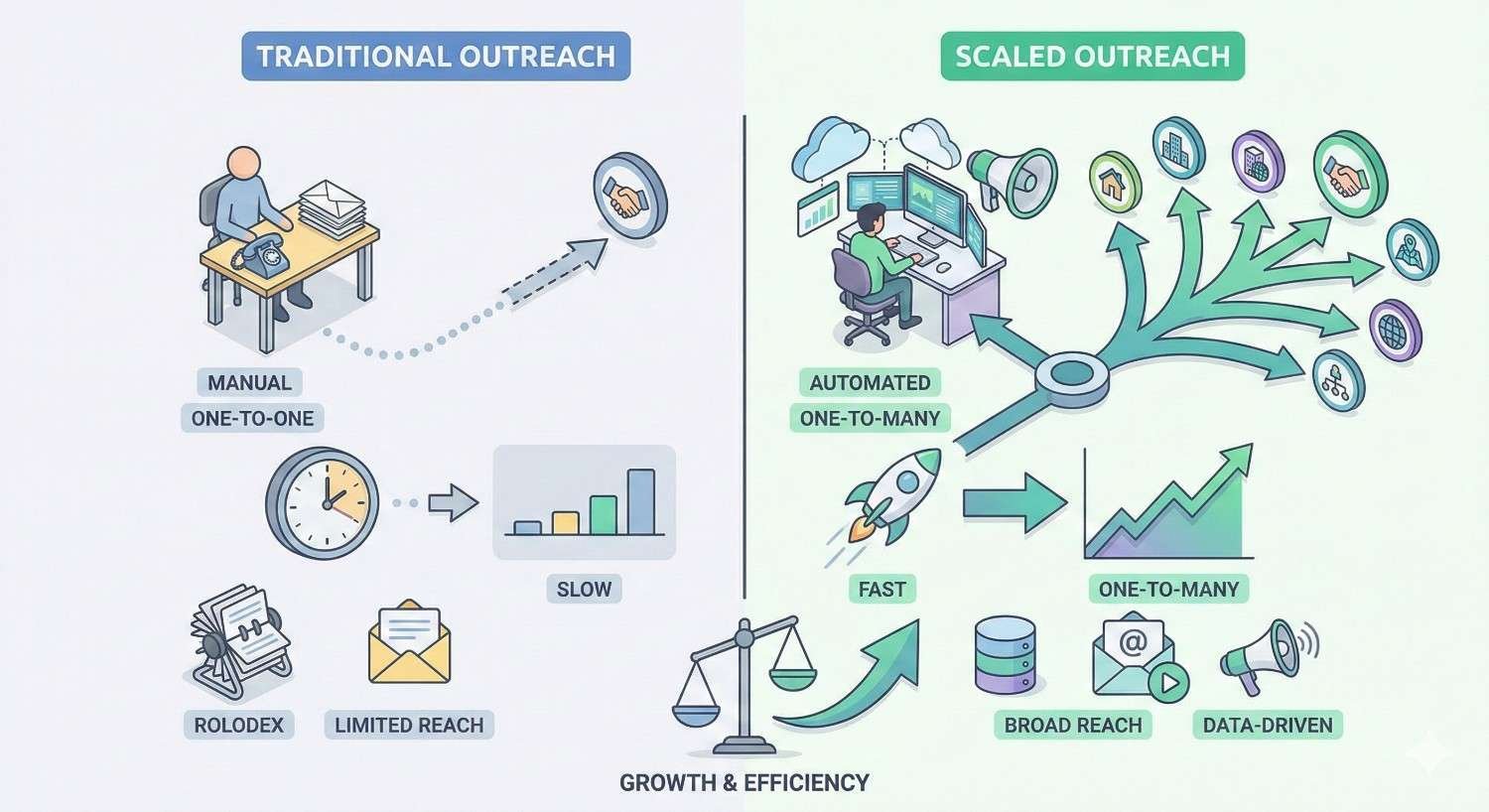 Split infographic comparing traditional outreach with scaled outreach: manual one-to-one, slow and limited reach versus automated one-to-many campaigns that are fast, data-driven, broadly distributed, and optimized for growth and efficiency.
