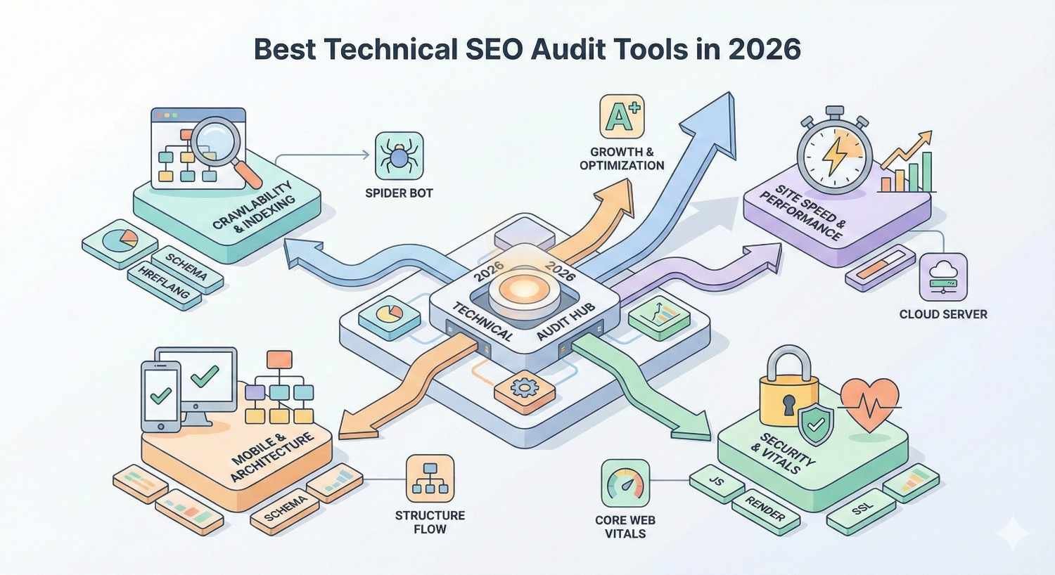 Illustration titled “Best Technical SEO Audit Tools in 2026” showing a central technical audit hub connected to crawlability and indexing, site speed and performance, mobile architecture, Core Web Vitals, security, schema, and cloud infrastructure, all driving growth, optimization, and improved website health.