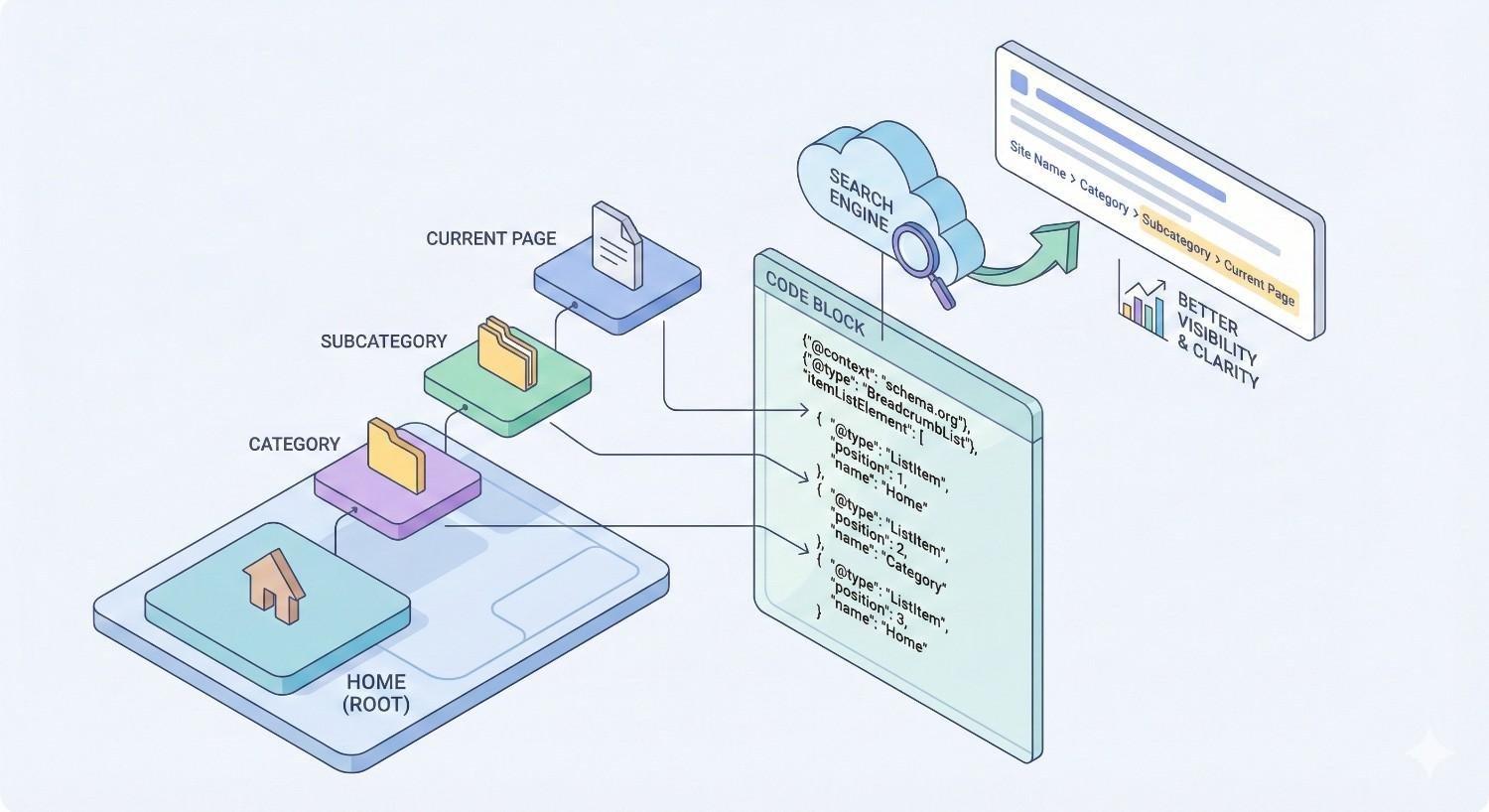Illustration of breadcrumb structured data showing home, category, subcategory, and current page hierarchy connected to a code block with schema.org JSON-LD markup. A search engine icon points to improved visibility and clarity in search results through breadcrumb implementation.
