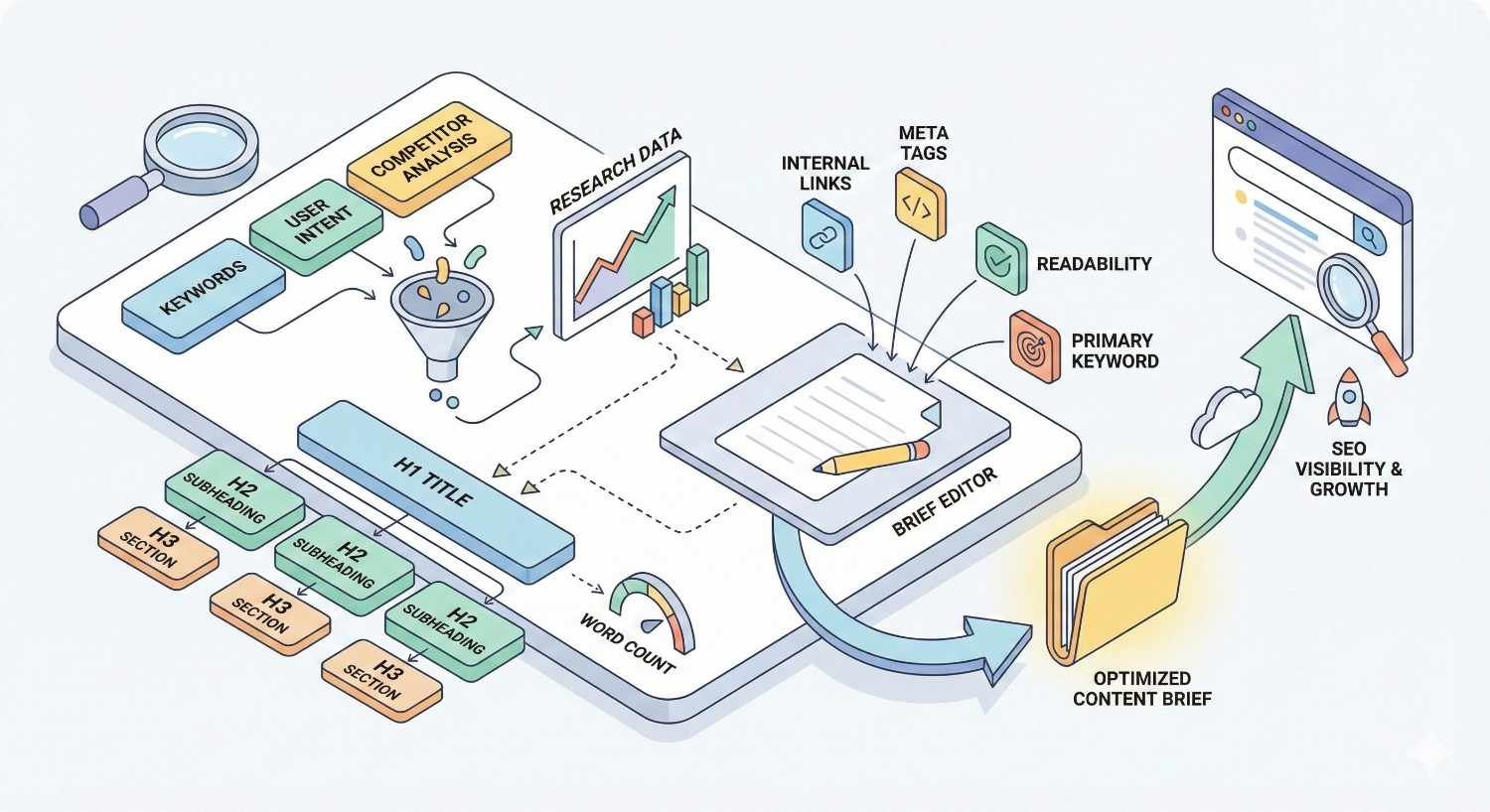 An illustrated workflow shows keywords, user intent, competitor analysis, and research data feeding into a brief editor that adds meta tags, internal links, readability checks, and primary keywords, producing an optimized content brief that drives SEO visibility and growth.
