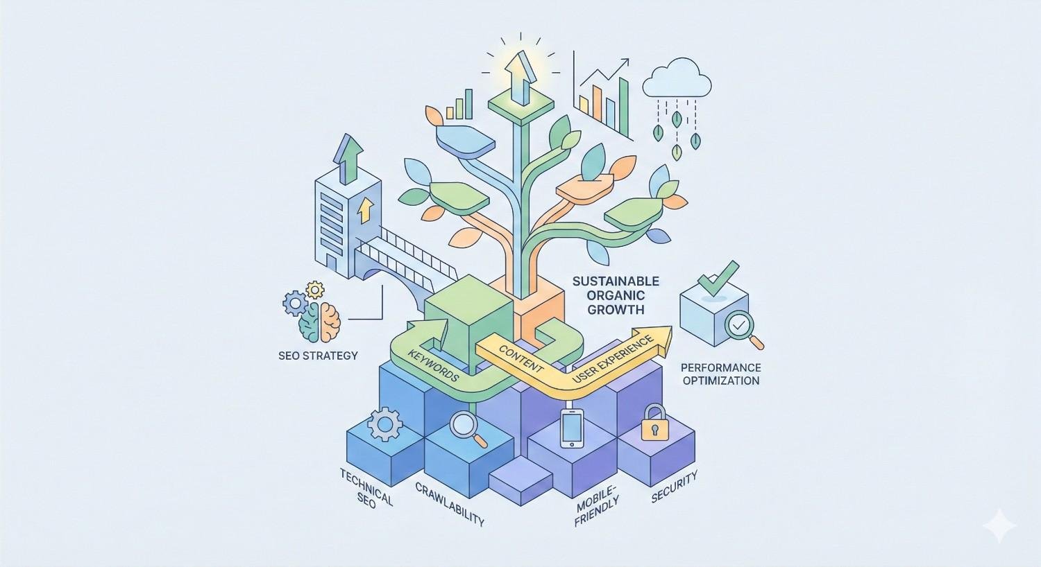 Illustration of sustainable organic growth as a tree, rooted in technical SEO, crawlability, mobile friendliness, and security, with branches of keywords, content, and user experience supported by SEO strategy and performance optimization, symbolizing long-term search visibility and business growth.