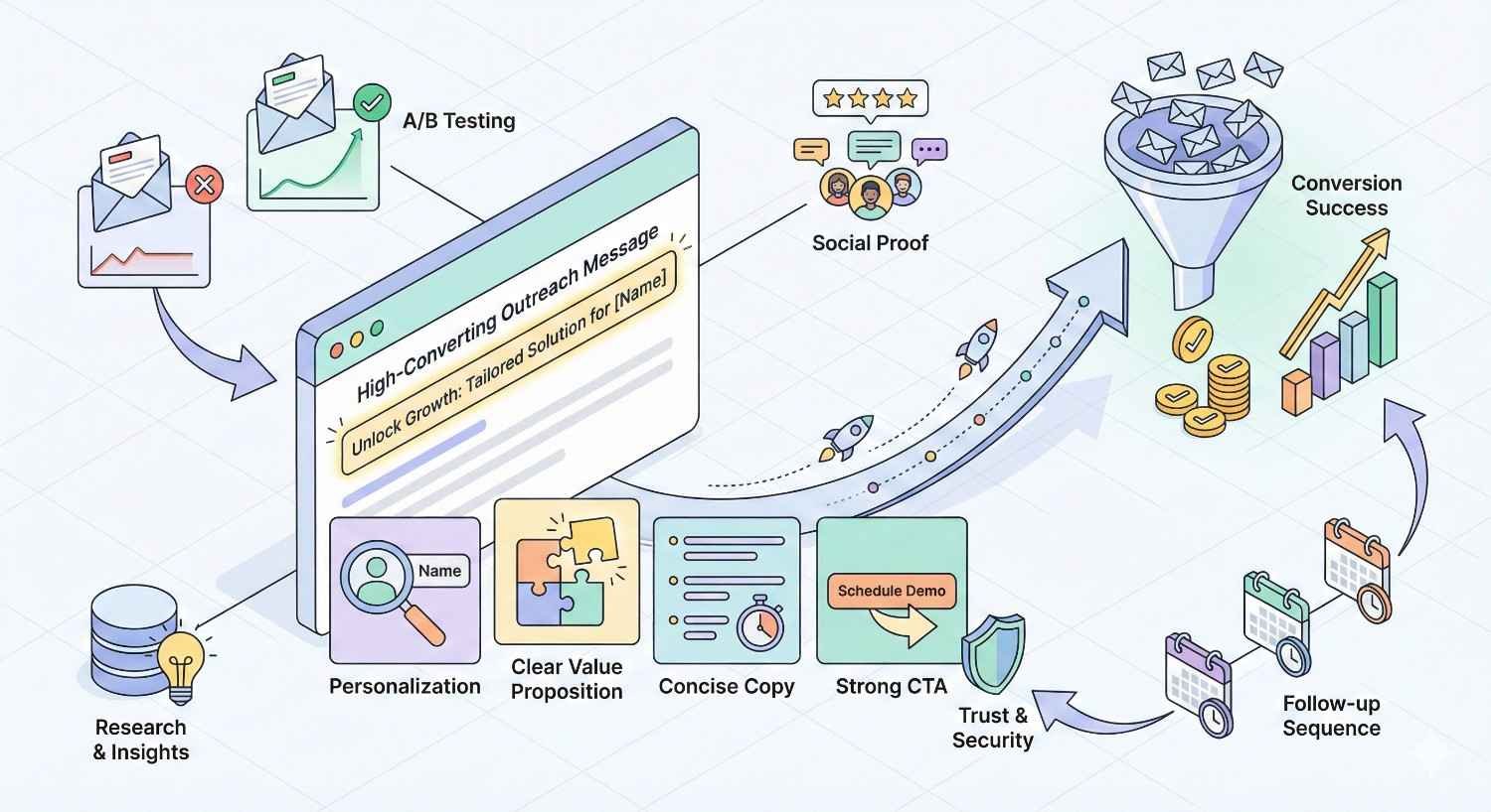 An infographic shows a high-converting outreach email workflow, featuring research, personalization, value proposition, concise copy, strong calls to action, trust signals, A/B testing, social proof, follow-up sequences, and a funnel leading to higher conversions and revenue growth.