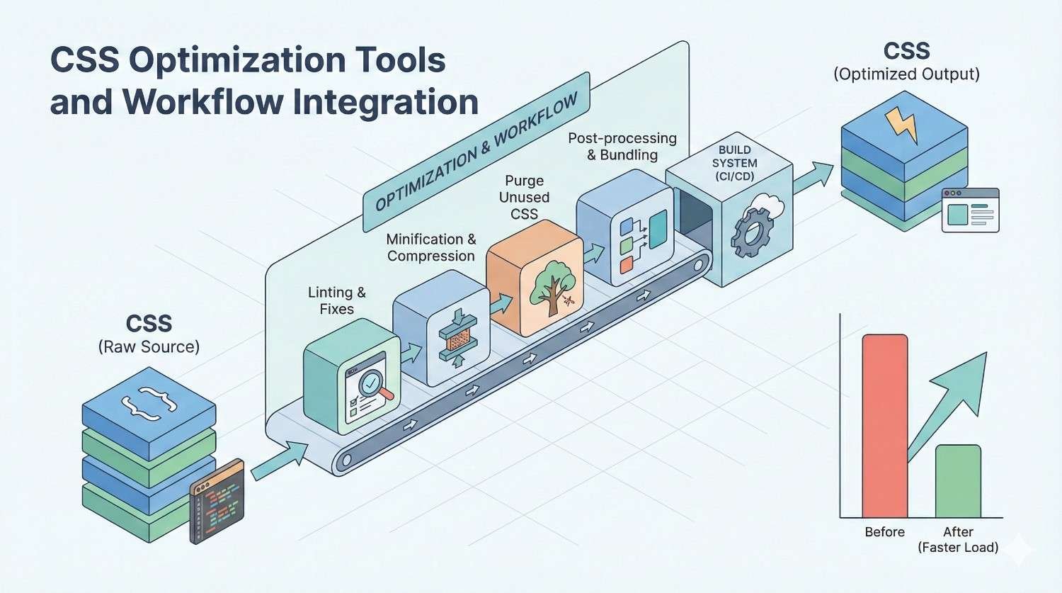 Infographic titled “CSS Optimization Tools and Workflow Integration.” Shows raw CSS moving through linting, minification, purging unused CSS, post-processing, bundling, and CI/CD build system to produce optimized output. A bar chart compares before and after, highlighting faster load times.