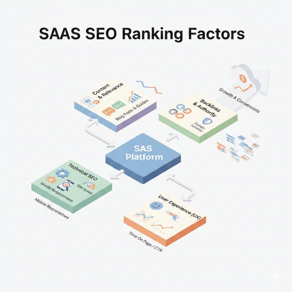 Infographic illustrating SaaS SEO ranking factors. It shows content relevance, backlinks and domain authority, technical SEO, and user experience all supporting a SaaS platform, leading to higher rankings, growth, and improved conversions.