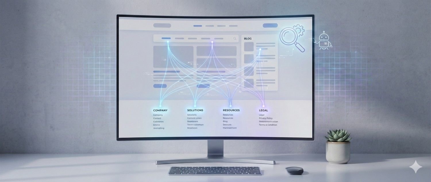 Curved desktop monitor on a minimalist desk displaying a website interface with interconnected navigation links visualized as glowing lines. Icons for search, settings, and chatbot appear on screen. A keyboard, mouse, and small potted plant sit nearby, suggesting website structure optimization and internal linking.