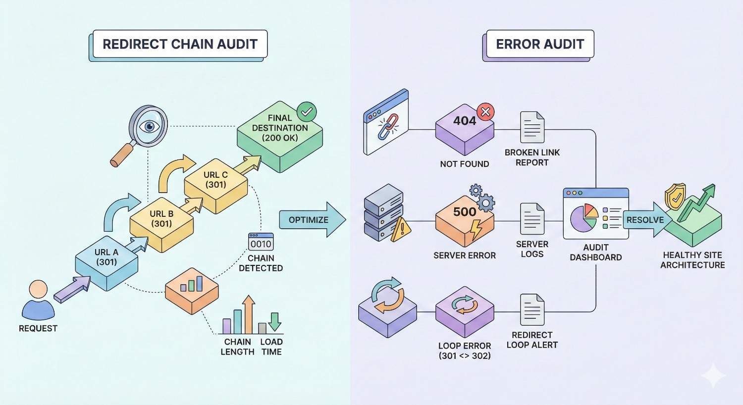 Split illustration showing a redirect chain audit, tracking multiple 301 redirects to a final destination and highlighting chain length and load time, alongside an error audit identifying 404 pages, broken links, server errors, redirect loops, and resolutions leading to a healthy site architecture.