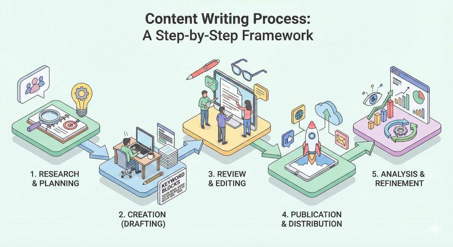 Infographic titled “Content Writing Process: A Step-by-Step Framework” illustrating five stages—research and planning, drafting, review and editing, publication and distribution, and analysis and refinement—connected by arrows, with icons for keywords, collaboration, launching content, and performance charts.