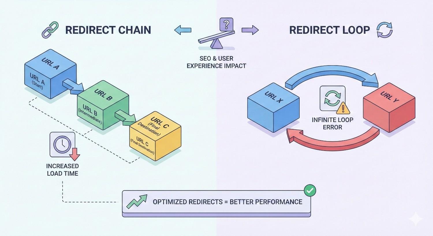 Illustrated comparison of a redirect chain and a redirect loop. Left shows URL A → URL B → URL C causing increased load time. Right shows URL X and URL Y stuck in an infinite loop error. Diagram highlights SEO and user experience impact and optimized redirects for better performance.