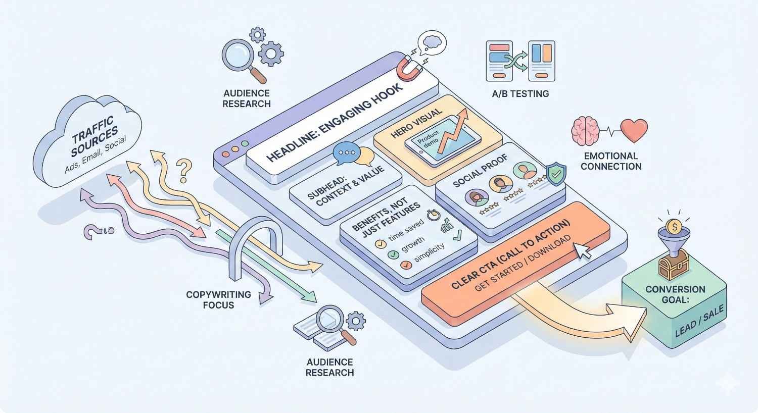 An illustrated landing page optimization diagram shows traffic sources feeding into copywriting elements like headline, hero visual, social proof, and call to action, supported by audience research and A/B testing, leading to emotional connection and higher conversion goals such as leads or sales.
