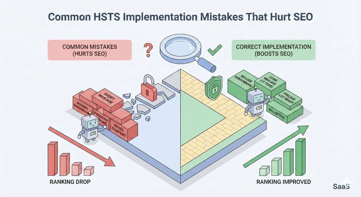 Infographic titled “Common HSTS Implementation Mistakes That Hurt SEO.” Left shows errors like missing subdomains, short max-age, mixed content, and preload issues causing ranking drop. Right shows correct HSTS setup with long max-age, includeSubDomains, preload, and HTTPS everywhere, leading to improved rankings.