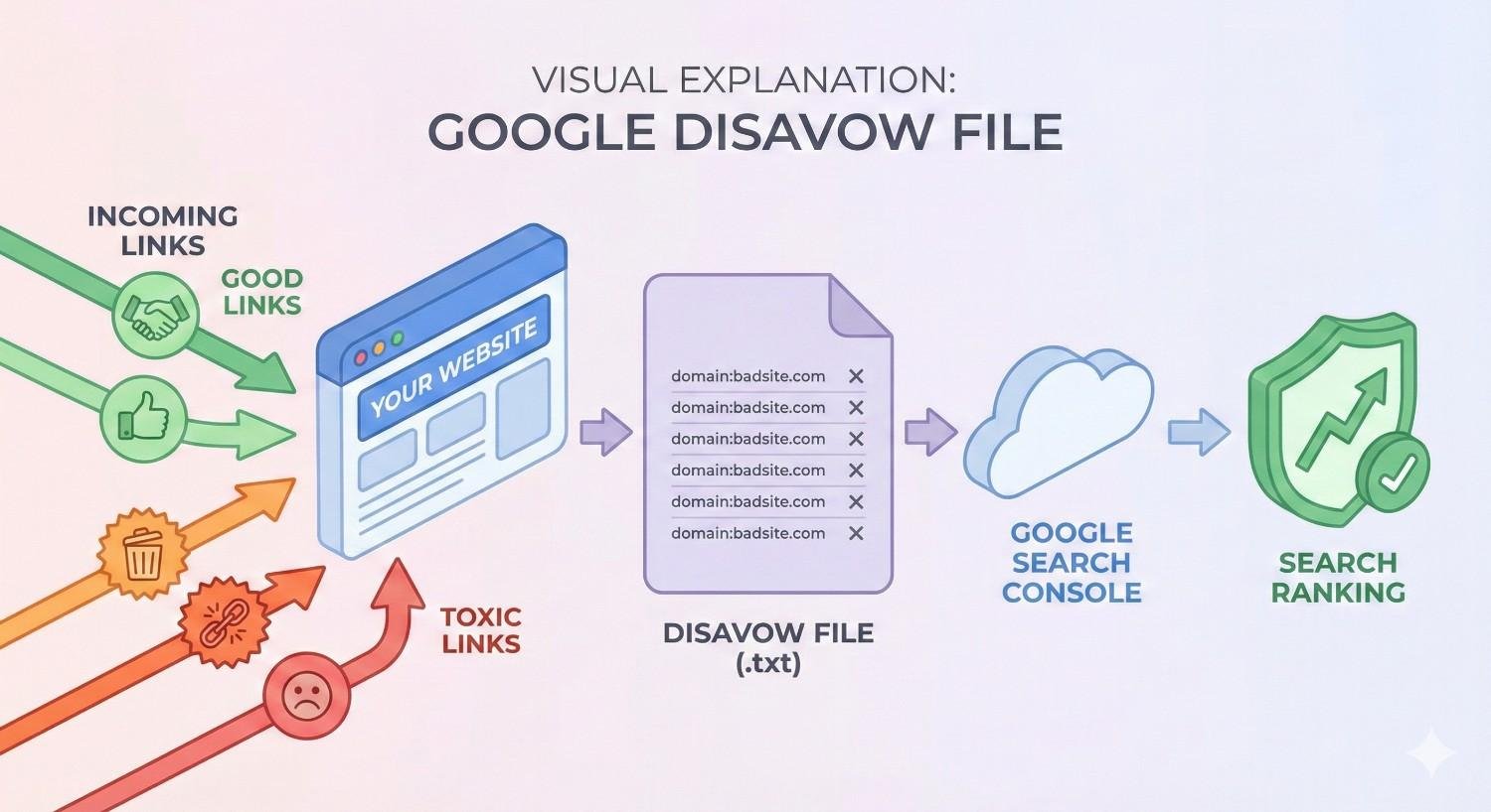 Infographic titled “Visual Explanation: Google Disavow File” showing good and toxic incoming links to a website, toxic domains listed in a text file, submitted through Google Search Console, leading to improved search rankings protected by a shield icon.