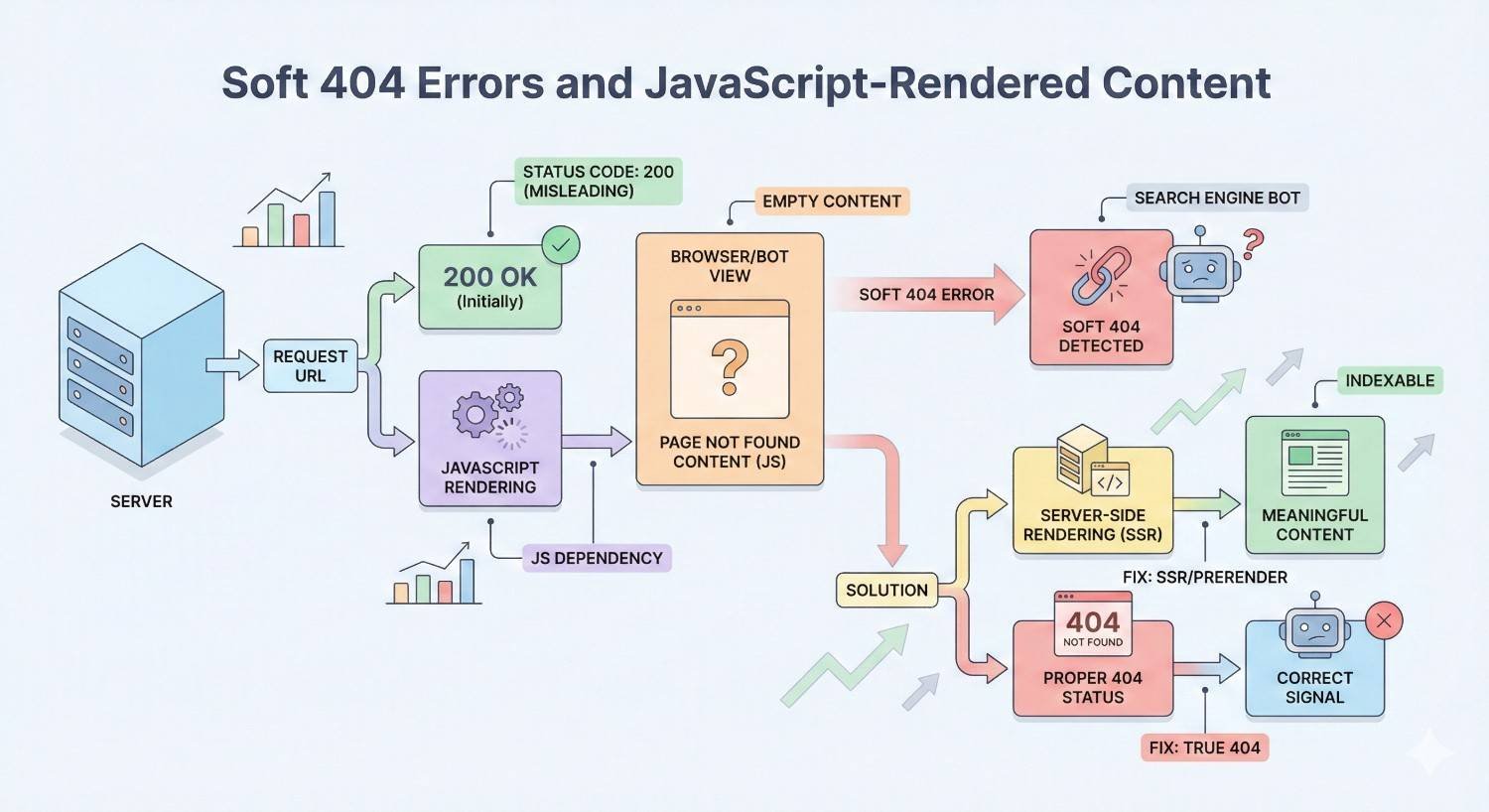 Diagram explaining soft 404 errors with JavaScript-rendered content. A server returns 200 OK, but empty or JS-dependent pages appear as not found to bots, triggering soft 404 detection. Solutions include server-side rendering, meaningful content, and proper 404 status codes for correct indexing signals.