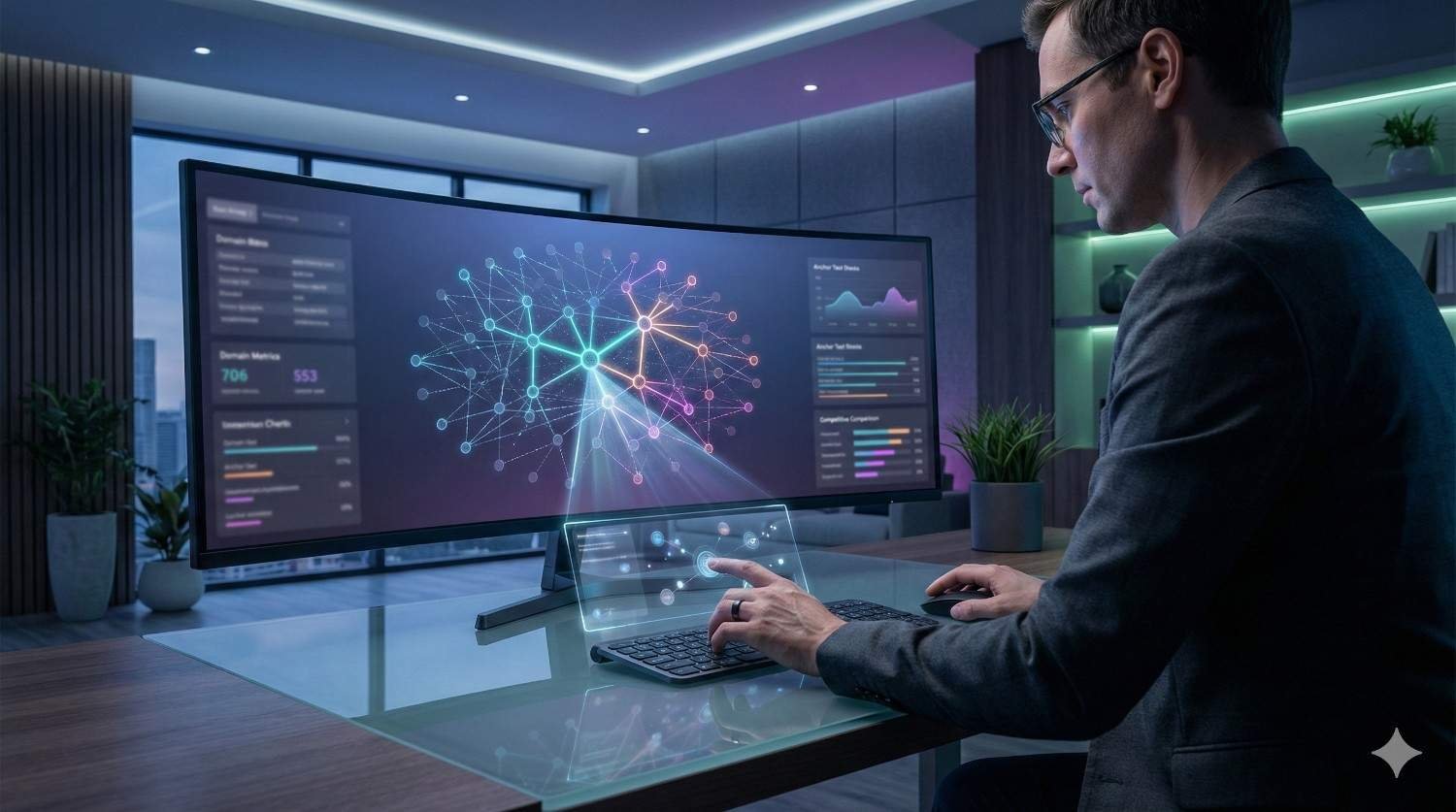 A man in a modern office works at a sleek desk with a large curved monitor displaying a colorful network data visualization and analytics dashboards. He uses a transparent touchscreen device and keyboard, focused on the futuristic interface in a softly lit, high-tech workspace.