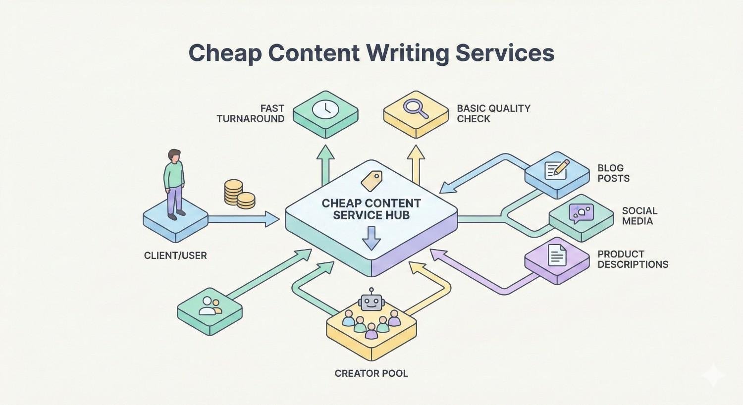 Infographic titled “Cheap Content Writing Services” showing a client sending budget requests to a central service hub with fast turnaround and basic quality checks, connected to a creator pool and outputs like blog posts, social media, and product descriptions through arrows.