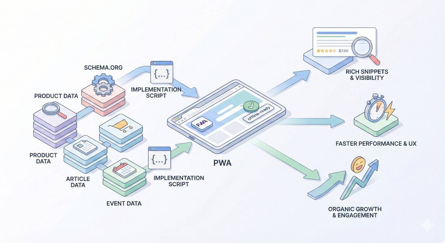 Infographic showing Schema.org structured data implementation for a PWA. Product, article, and event data are added via scripts, enabling rich snippets, improved visibility, faster performance, better UX, and increased organic growth and engagement.
