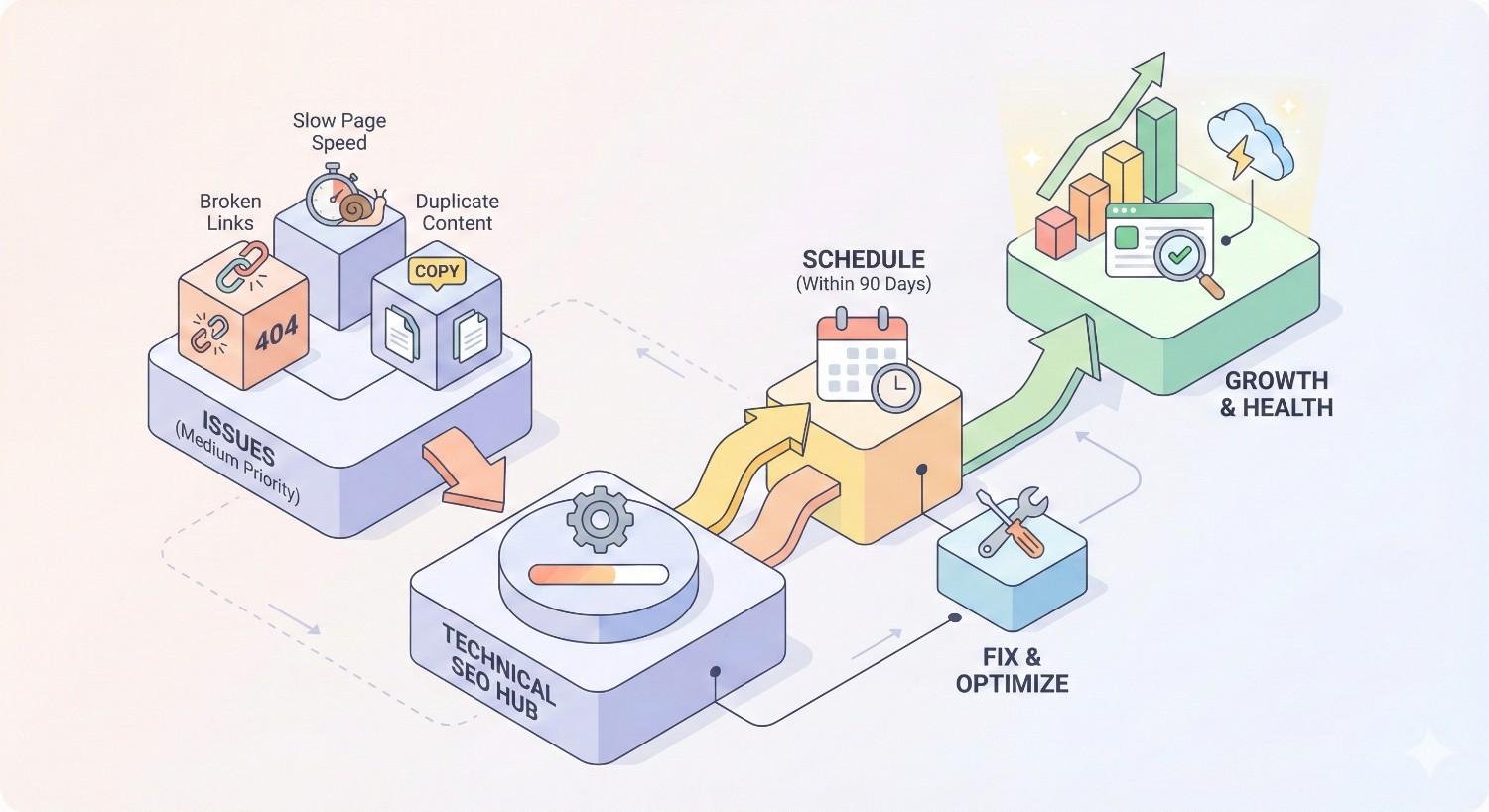 Illustration showing a technical SEO improvement workflow where issues like slow page speed, broken links, and duplicate content move through a technical SEO hub, scheduled fixes, and optimization steps, leading to improved website growth, performance, and overall site health.