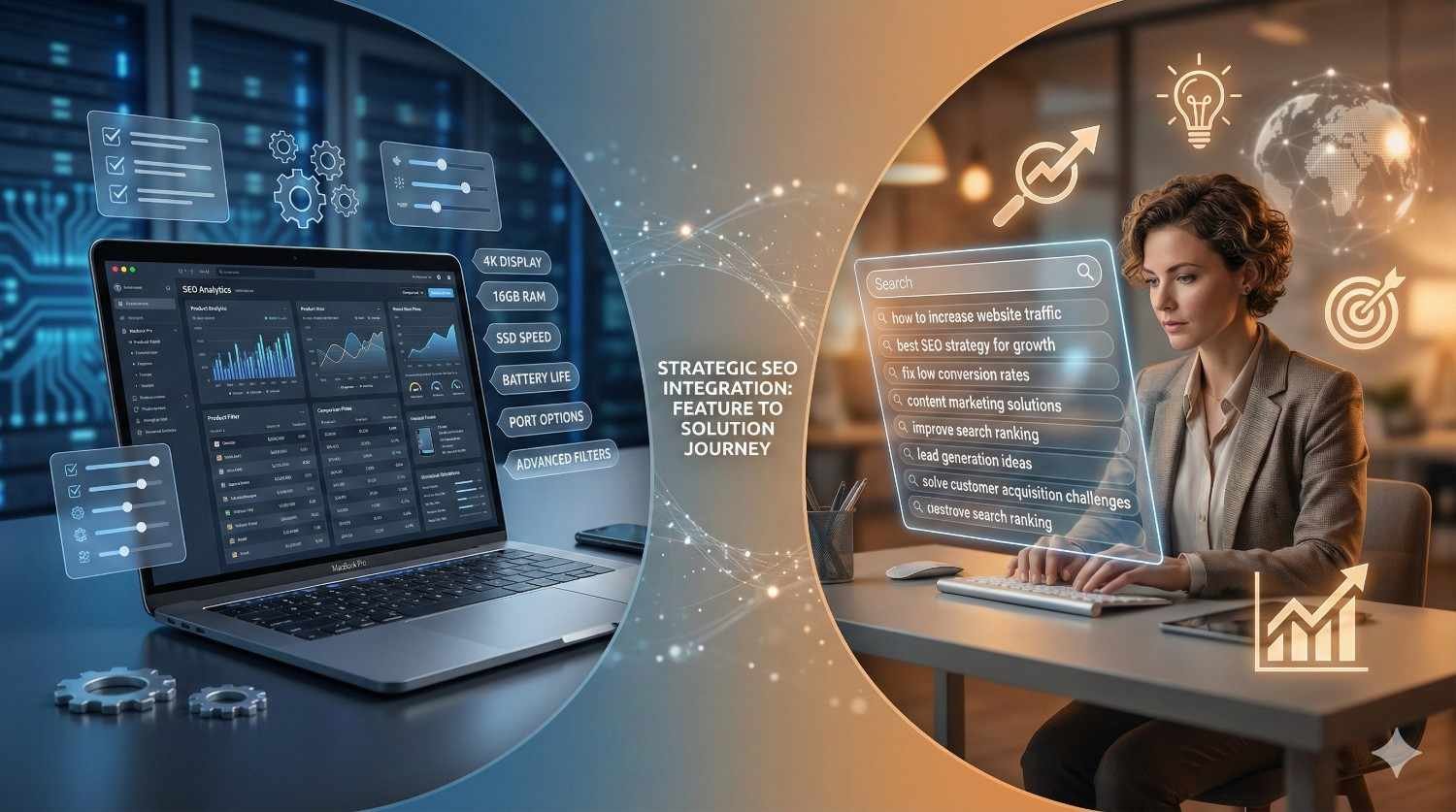 A split-screen visual showing strategic SEO integration: on one side, a laptop with advanced analytics dashboards and feature controls; on the other, a professional researching SEO queries at a desk. Connecting visuals symbolize the journey from product features to marketing growth and higher performance.